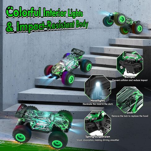 Remote Control Car, 1:18 Toy Rc Cars, All-Terrain RC Truck with LED Light, 20KM/H, Rechargeable, 2WD, 2.4GHz, Sturdy PVC Shell, Remote Control Car for Boys 4-7 8-12, Beginner in Kuwait