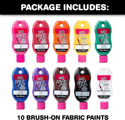 Tulip Soft Fabric Paint, Permanent Fabric Paint for Clothes, Rainbow Colors, 10 Pack, 1 fl oz bottles, Matte Finish Stays Flexible After Washing in Kuwait