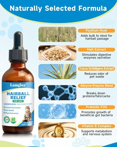 Hairball Relief for Cats - Cat Hairball Remedy for Digestive Health Aid, Immune Support, Skin Coat Support, Furball Control with Psyllium Husk, Pumpkin Fiber, Omega-3, Enzyme, Vitamin, 60ml in Saudi Arabia