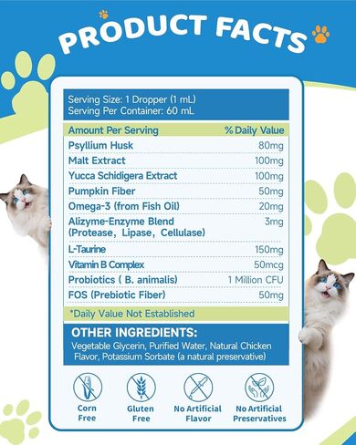 Hairball Relief for Cats - Cat Hairball Remedy for Digestive Health Aid, Immune Support, Skin Coat Support, Furball Control with Psyllium Husk, Pumpkin Fiber, Omega-3, Enzyme, Vitamin, 60ml in Saudi Arabia