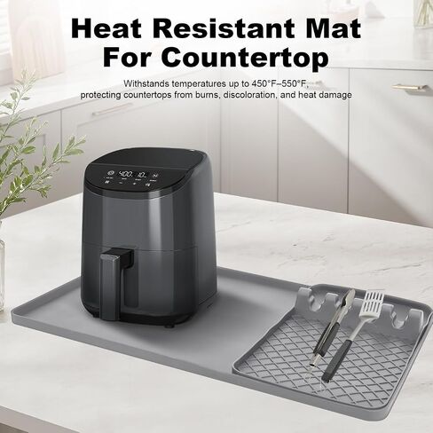 Silicone Heat Resistant Mat for Countertop - 24x16 Inch Air Fryer Mat with Kitchen Accessories Holder Pad for Microwave/Oven,Compatible with Ninja/Cosori/Chefman/Toshiba - Black in Kuwait