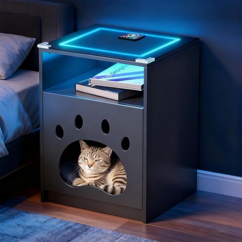 LED Nightstand with RGB Color Adjustment Night Stand Wireless Charging Station and Storage Bedside Table Black Nightstands Glass Tabletop End Tables for Living Room, Bedroom,Office, Sofa Side in Saudi Arabia
