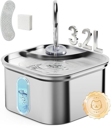 Cat Water Fountain Stainless Steel, 108oz/3.2L Quiet Automatic Cat Fountain for Drinking, Safe Auto Shut-Off, Large Square Pet Water Dispenser for Dogs Indoor with 1 Replacement Filter in Saudi Arabia