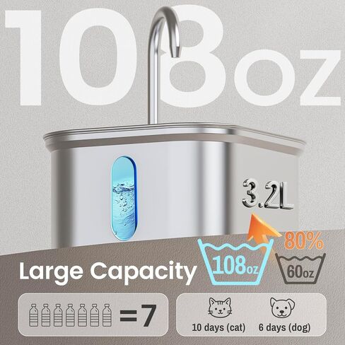Cat Water Fountain Stainless Steel, 108oz/3.2L Quiet Automatic Cat Fountain for Drinking, Safe Auto Shut-Off, Large Square Pet Water Dispenser for Dogs Indoor with 1 Replacement Filter in Saudi Arabia