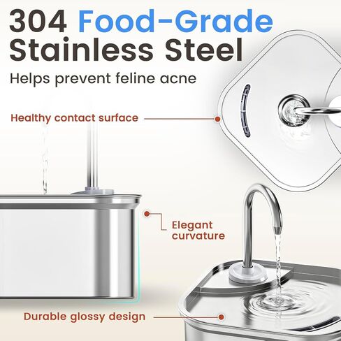 Cat Water Fountain Stainless Steel, 108oz/3.2L Quiet Automatic Cat Fountain for Drinking, Safe Auto Shut-Off, Large Square Pet Water Dispenser for Dogs Indoor with 1 Replacement Filter in Saudi Arabia