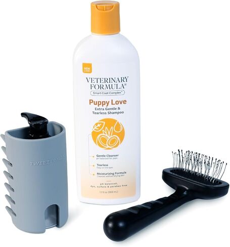 Puppy Love Gentle Bath & Grooming Set by Tweezerman & Veterinary Formula – Tearless Puppy Shampoo with 2-in-1 Bath Brush & Small Slicker Brush – Complete Bath Kit for Small Dogs & Puppies in Saudi Arabia