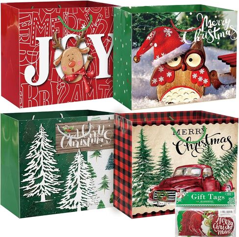 12 Extra large Christmas Gift Paper Bags Bulk with handles and 60 Count Christmas Gift Tags-6 Designs Jumbo oversized sacks set for Wrapping Gaint Xmas Holiday Presents in Kuwait