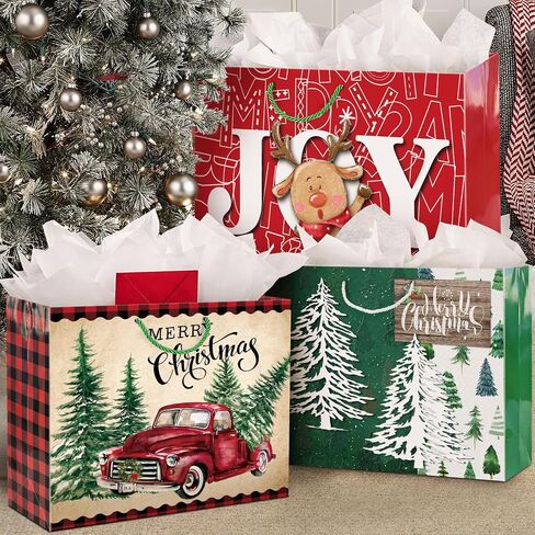 12 Extra large Christmas Gift Paper Bags Bulk with handles and 60 Count Christmas Gift Tags-6 Designs Jumbo oversized sacks set for Wrapping Gaint Xmas Holiday Presents in Kuwait