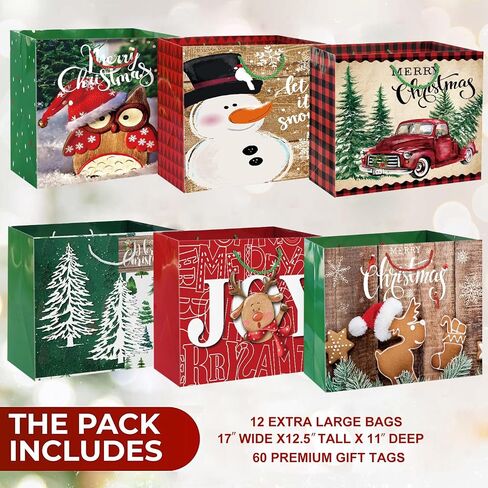 12 Extra large Christmas Gift Paper Bags Bulk with handles and 60 Count Christmas Gift Tags-6 Designs Jumbo oversized sacks set for Wrapping Gaint Xmas Holiday Presents in Kuwait