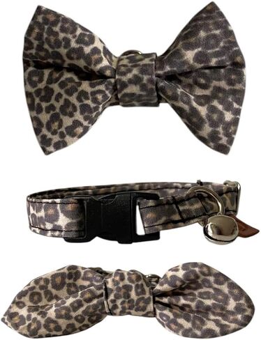 Cat Collar, 3-in-1 Cat Collar, Adjustable, Handmade Cotton, Bowtie & Ribbon Design (Leopard, Multicolor) in Saudi Arabia