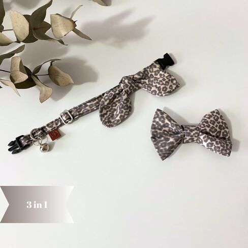 Cat Collar, 3-in-1 Cat Collar, Adjustable, Handmade Cotton, Bowtie & Ribbon Design (Leopard, Multicolor) in Saudi Arabia