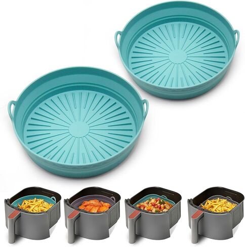Square Silicone Air Fryer Liners - 8 Inch Reusable Air Fryer Pot，Easy to Clean Pot for 5.8 to 8 Qt Air Fryer Baking Tray Oven Accessories (2p-round-blue) in Saudi Arabia