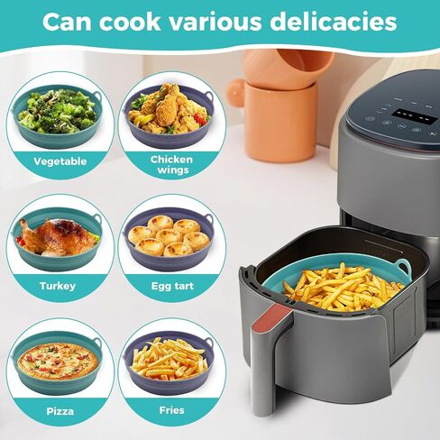 Square Silicone Air Fryer Liners - 8 Inch Reusable Air Fryer Pot，Easy to Clean Pot for 5.8 to 8 Qt Air Fryer Baking Tray Oven Accessories (2p-round-blue) in Saudi Arabia