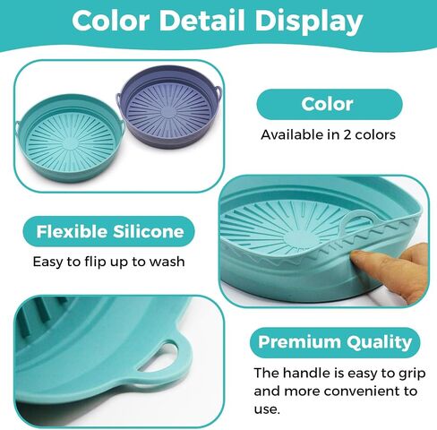 Square Silicone Air Fryer Liners - 8 Inch Reusable Air Fryer Pot，Easy to Clean Pot for 5.8 to 8 Qt Air Fryer Baking Tray Oven Accessories (2p-round-blue) in Saudi Arabia