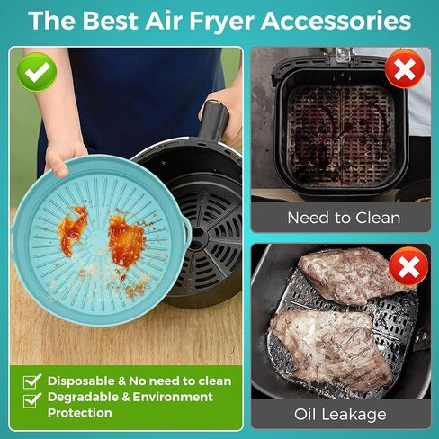 Square Silicone Air Fryer Liners - 8 Inch Reusable Air Fryer Pot，Easy to Clean Pot for 5.8 to 8 Qt Air Fryer Baking Tray Oven Accessories (2p-round-blue) in Saudi Arabia