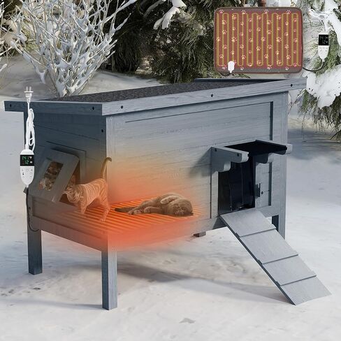 Ivy&Lane Heated-Outdoor-Cat-House | Escape Door | Insulated-Feral-Cat-Shelter | Heating Pad | Weatherproof | for Winter | Foam & Wood | Large | for Multiple Cats | Fold-up Stair | Grey in Kuwait