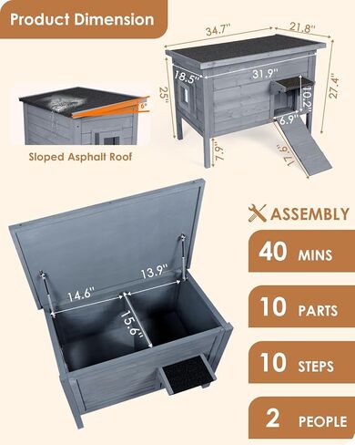 Ivy&Lane Heated-Outdoor-Cat-House | Escape Door | Insulated-Feral-Cat-Shelter | Heating Pad | Weatherproof | for Winter | Foam & Wood | Large | for Multiple Cats | Fold-up Stair | Grey in Kuwait