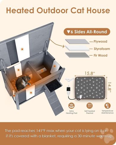 Ivy&Lane Heated-Outdoor-Cat-House | Escape Door | Insulated-Feral-Cat-Shelter | Heating Pad | Weatherproof | for Winter | Foam & Wood | Large | for Multiple Cats | Fold-up Stair | Grey in Kuwait