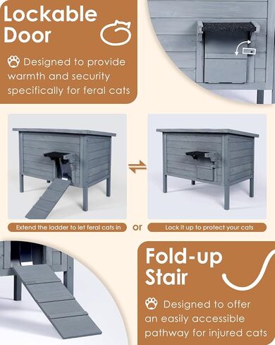 Ivy&Lane Heated-Outdoor-Cat-House | Escape Door | Insulated-Feral-Cat-Shelter | Heating Pad | Weatherproof | for Winter | Foam & Wood | Large | for Multiple Cats | Fold-up Stair | Grey in Kuwait