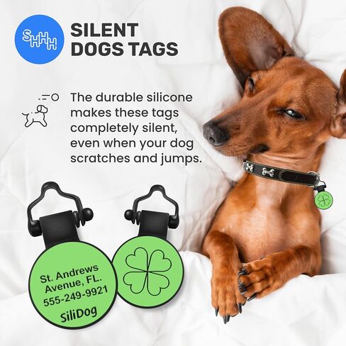 SiliDog - علامة الكلب الصامتة الأصلية المصنوعة من السيليكون - معرف حيوان أليف محفور بشكل شخصي بدون صوت - كما يظهر على خزان القرش - متين - لا يبهت أبدًا - شامروك - أخضر in Kuwait