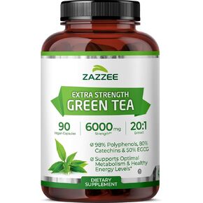 Zazzee Extra Strength Green Tea 20:1 Extract، قوة 6000 مجم، 150 كبسولة نباتية، 50% EGCG، 98% بوليفينول و80% كاتسيهين، كمية كافية لمدة 5 أشهر، مستخلص قياسي 20X، غير معدل وراثيًا وطبيعي بالكامل in Kuwait