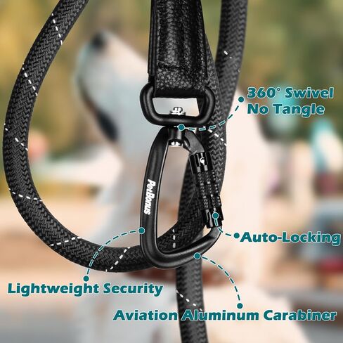 PetBonus Rope Dog Leash, 5 FT Heavy Duty Pet Nylon Leash with Auto Locking Aviation Aluminum Carabiner, Comfortable Padded Handle, Reflective Walking Training Lead for Medium Large Breeds (Black) in Saudi Arabia