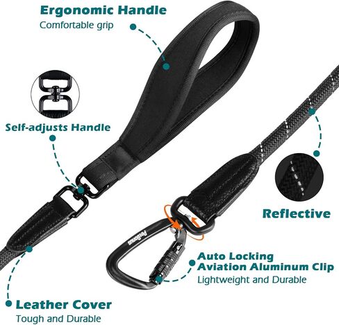 PetBonus Rope Dog Leash, 5 FT Heavy Duty Pet Nylon Leash with Auto Locking Aviation Aluminum Carabiner, Comfortable Padded Handle, Reflective Walking Training Lead for Medium Large Breeds (Black) in Saudi Arabia