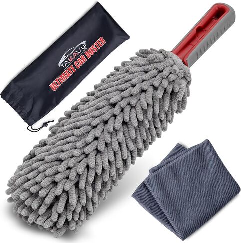 TAKAVU Car Duster Interior, 360° Microfiber Fingers, Lint & Scratch Free | Unbreakable Comfort Handle Duster, Includes Microfiber Towel, Lint-Free & Safe for Car & Home Interior, Gray in Kuwait