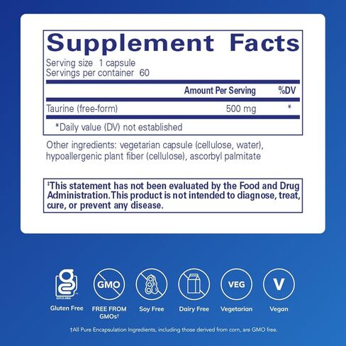 Pure Encapsulations Taurine 1,000 mg | Amino Acid Supplement for Liver, Eye Health, Antioxidants, Heart, Brain, and Muscles* | 120 Capsules in Kuwait