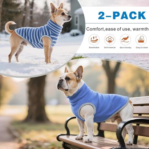 Idepet 2 Pack Striped Dog Sweater, Stretchy Dog Shirt Vest Turtleneck Pet Pullover Puppy Clothes Reflective Sweatshirt Fleece Cat Apparel (Blue Stripe + Navy, Small) in Saudi Arabia