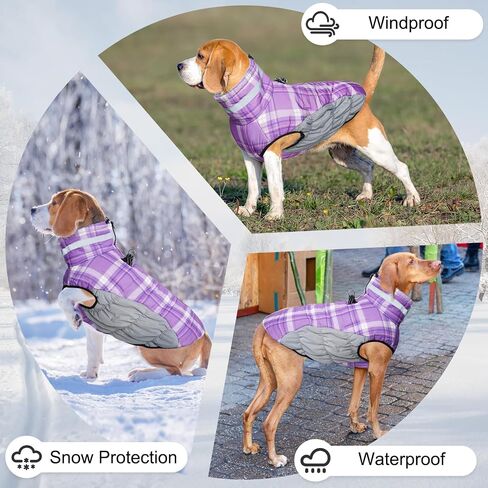 BEAUTYZOO Dog Winter Coat with Harness Built in, Reflective Plaid Puffer Vest Waterproof for Small Dogs, Fleece Warm Puppy Zipped Jacket with D Ring, Pet Cold Weather Sweater Clothes, Purple S in Saudi Arabia
