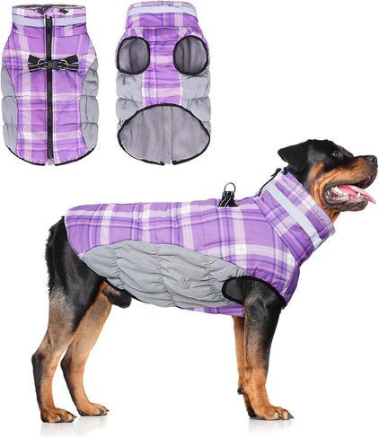 BEAUTYZOO Dog Winter Coat with Harness Built in, Reflective Plaid Puffer Vest Waterproof for Small Dogs, Fleece Warm Puppy Zipped Jacket with D Ring, Pet Cold Weather Sweater Clothes, Purple S in Saudi Arabia