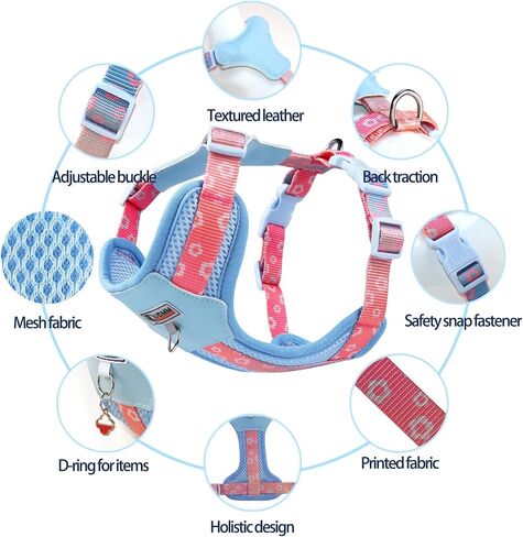 Small Durable Dog Harness with Leash Set, Cute Mesh Puppy Harness, No Pull No Choke Escape Proof Pet Harness Easy Walking, Pink Dream S in Saudi Arabia