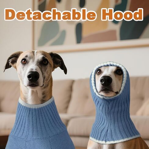 DENTRUN Greyhound Dog سترة كبيرة مع غطاء محرك السيارة للانفصال - هوديي الشتاء الدافئ متماسكة للكلاب طويلة الرقبة، الياقة المدورة ملابس الطقس البارد مع ثقب المقود للويبيت، السلوقي، كلب الصيد الأفغاني، بورزوي in Kuwait