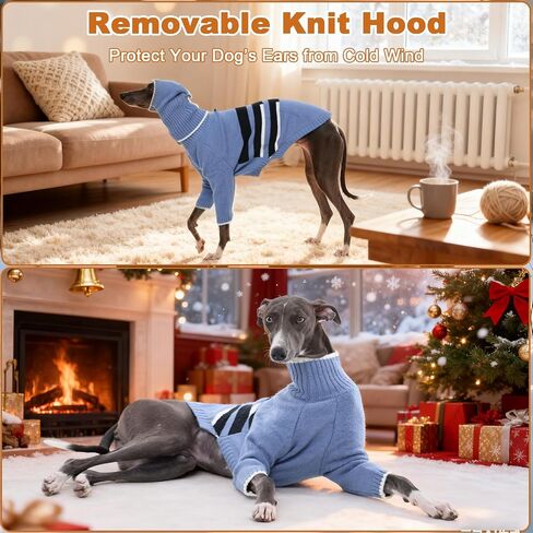 DENTRUN Greyhound Dog سترة كبيرة مع غطاء محرك السيارة للانفصال - هوديي الشتاء الدافئ متماسكة للكلاب طويلة الرقبة، الياقة المدورة ملابس الطقس البارد مع ثقب المقود للويبيت، السلوقي، كلب الصيد الأفغاني، بورزوي in Kuwait