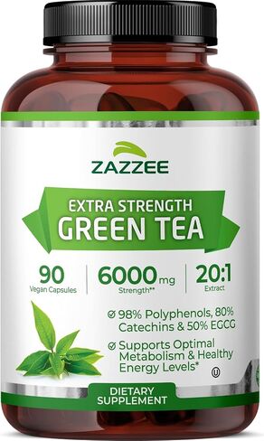 Zazzee Extra Strength Green Tea 20:1 Extract، قوة 6000 مجم، 150 كبسولة نباتية، 50% EGCG، 98% بوليفينول و80% كاتسيهين، كمية كافية لمدة 5 أشهر، مستخلص قياسي 20X، غير معدل وراثيًا وطبيعي بالكامل in Kuwait