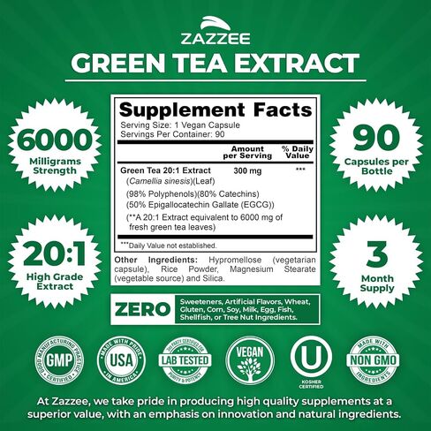 Zazzee Extra Strength Green Tea 20:1 Extract، قوة 6000 مجم، 150 كبسولة نباتية، 50% EGCG، 98% بوليفينول و80% كاتسيهين، كمية كافية لمدة 5 أشهر، مستخلص قياسي 20X، غير معدل وراثيًا وطبيعي بالكامل in Kuwait
