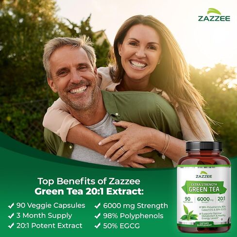 Zazzee Extra Strength Green Tea 20:1 Extract، قوة 6000 مجم، 150 كبسولة نباتية، 50% EGCG، 98% بوليفينول و80% كاتسيهين، كمية كافية لمدة 5 أشهر، مستخلص قياسي 20X، غير معدل وراثيًا وطبيعي بالكامل in Kuwait