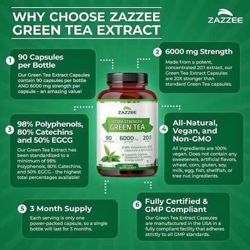 Zazzee Extra Strength Green Tea 20:1 Extract، قوة 6000 مجم، 150 كبسولة نباتية، 50% EGCG، 98% بوليفينول و80% كاتسيهين، كمية كافية لمدة 5 أشهر، مستخلص قياسي 20X، غير معدل وراثيًا وطبيعي بالكامل in Kuwait