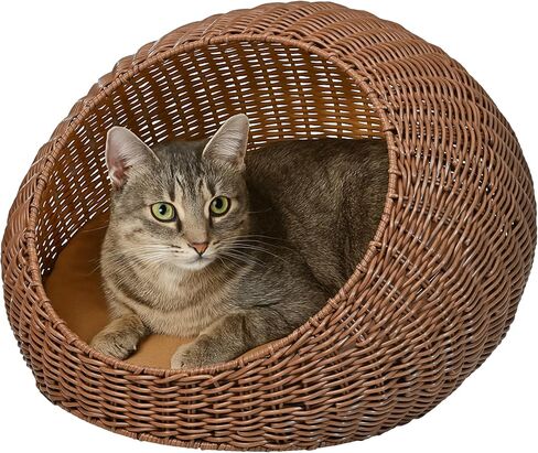 CBD3000B Fiora 19.5" x 18" Modern Circular Faux Wicker Pet Bed with Machine-Washable Cushion, Cat Beds for Indoor Cats, Brown in Saudi Arabia