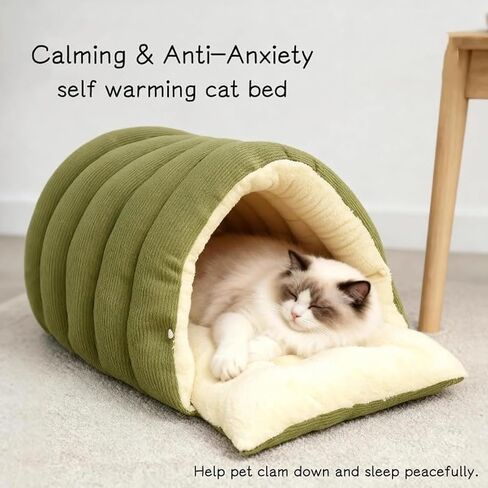 Cozy Monster Cat Bed, Warm Winter Cat Cave with Removable Cushion, Calming Anti-Anxiety Sherpa Fleece Pet Bed for Indoor Cats & Small Dogs, Washable 360° Nesting Design (B - Green, Large) in Saudi Arabia