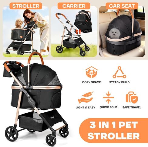 Dog Cat Stroller for Small/Medium Pets up to 50 lbs, 3-in-1 Foldable Pet Stroller with Detachable Carrier, Car Seat, Storage Basket, Cup Holder, Hanging Bag, Rain Cover, All-Terrain 4 Wheels (Black) in Saudi Arabia