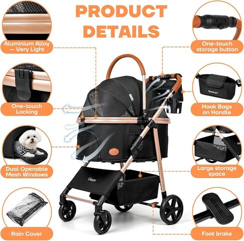 Dog Cat Stroller for Small/Medium Pets up to 50 lbs, 3-in-1 Foldable Pet Stroller with Detachable Carrier, Car Seat, Storage Basket, Cup Holder, Hanging Bag, Rain Cover, All-Terrain 4 Wheels (Black) in Saudi Arabia