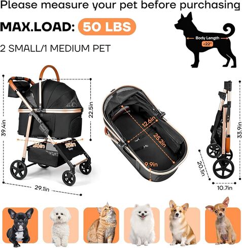 Dog Cat Stroller for Small/Medium Pets up to 50 lbs, 3-in-1 Foldable Pet Stroller with Detachable Carrier, Car Seat, Storage Basket, Cup Holder, Hanging Bag, Rain Cover, All-Terrain 4 Wheels (Black) in Saudi Arabia