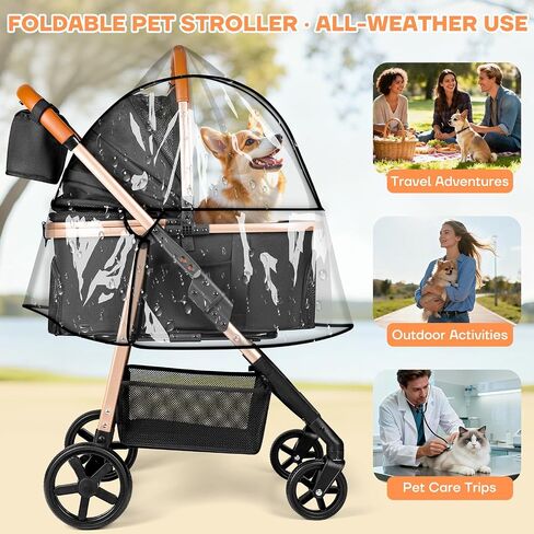 Dog Cat Stroller for Small/Medium Pets up to 50 lbs, 3-in-1 Foldable Pet Stroller with Detachable Carrier, Car Seat, Storage Basket, Cup Holder, Hanging Bag, Rain Cover, All-Terrain 4 Wheels (Black) in Saudi Arabia
