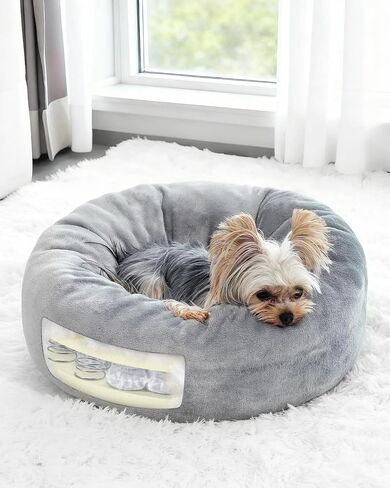 Donut Dog Bed with Pocketed Coils and Soft Foam Support, Detachable Washable Calming Puppy Bed for Small Dogs, Round Flannel Anti-Anxiety Pet Bed, 20 in, Gray in Saudi Arabia