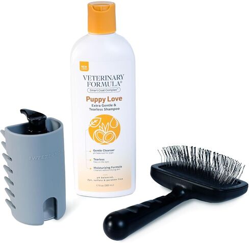 Puppy Love Gentle Bath & Grooming Set by Veterinary Formula & Tweezerman – Tearless Puppy Shampoo with 2-in-1 Bath Brush & Large Slicker Brush – Complete Bath Kit for Medium & Large Dogs & Puppies in Saudi Arabia