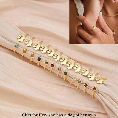Memorial Gifts for Pet Lover Birthstone Rings for Women with Dog Paw Dainty Paw Printed Heart Rings for Teen Girl Dog Mom Gifts Adjustable Pet Paws Gold Ring for Women Non Tarnish Birthday Gift Gold Jewelry for Friend Sister Mom in Kuwait