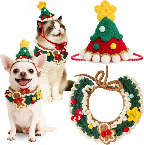 Dog Christmas Costume Cute Cat Christmas Costume Set Funny Knitted Doggie Gingerbread Scarf Puppy Xmas Hat Red&Green Xmas Costumes for Small Dog Chihuahua Yorkie Outfit Cat Bib Party Apparel in Saudi Arabia