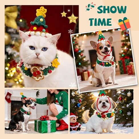 Dog Christmas Costume Cute Cat Christmas Costume Set Funny Knitted Doggie Gingerbread Scarf Puppy Xmas Hat Red&Green Xmas Costumes for Small Dog Chihuahua Yorkie Outfit Cat Bib Party Apparel in Saudi Arabia